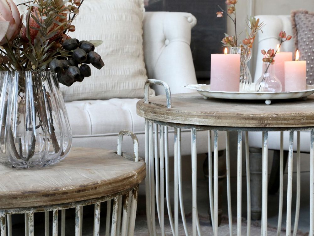 Chic antique salongbord hvit med trelokk sett med 2 stk 