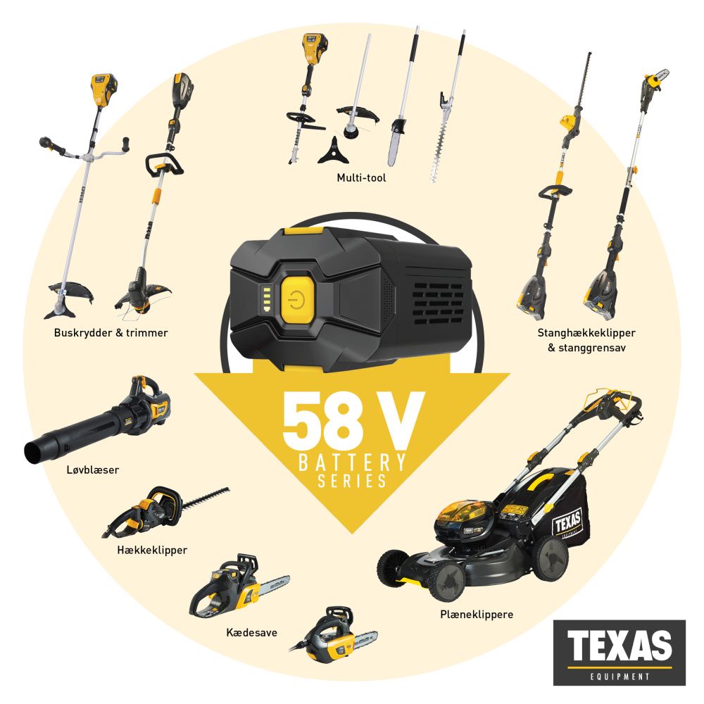 Texas motorsag på stang batteri 58V PCZ5800 u/bat og lader 90070045
